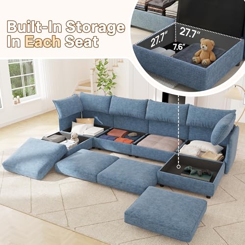 Image of 125 inch Chenille Modular Sectional Sofa Bed Hidden Storage, Convertible L U Shaped Sleeper Couch, 10 Seat Modern Modular Sectional Sofa with Removable Covers & Ottoman Chaise, for Living Room, Blue