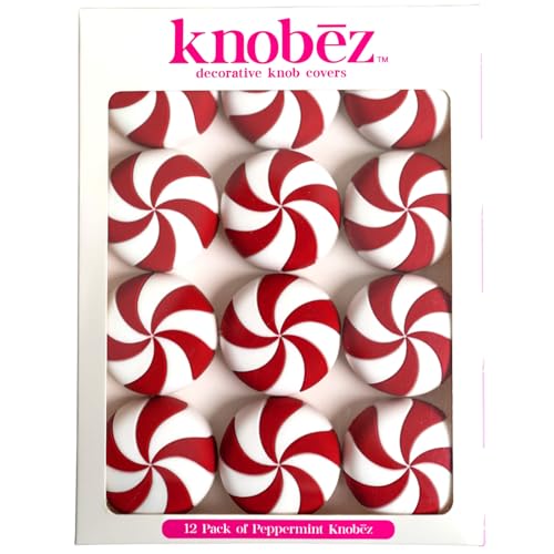 Knobēz: Decorative Knob Covers - Red Peppermint - 12pk - Stretch Over Hardware Decorations, Holiday-Winter-Christmas, Kitchen-Bathroom-Dressers-Home