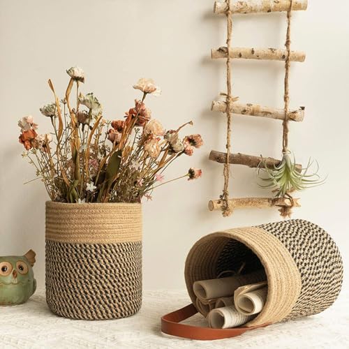 TSQZE 2er Pack Wandkörbe Zum Aufhängen, Aufbewahrungskörbe Mit Griff, Hängekorb Pflanzen Blumentopf Pflanzenkörbe, Korb Hängend Für Die Wand, Tür, Organizer Für Zimmer, Badezimmer (Jute)