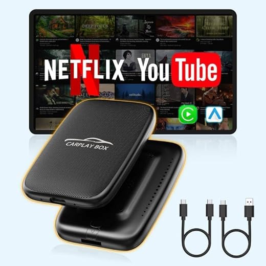 Wireless Carplay and Android Auto Dongle Support Netflix/YouTube/TF Card,Car Play Ai Box with USBA-C and USBC-C Cable for iPhone Android,Video Box Convert Wired to Wireless CarPlay Stream to Your Car