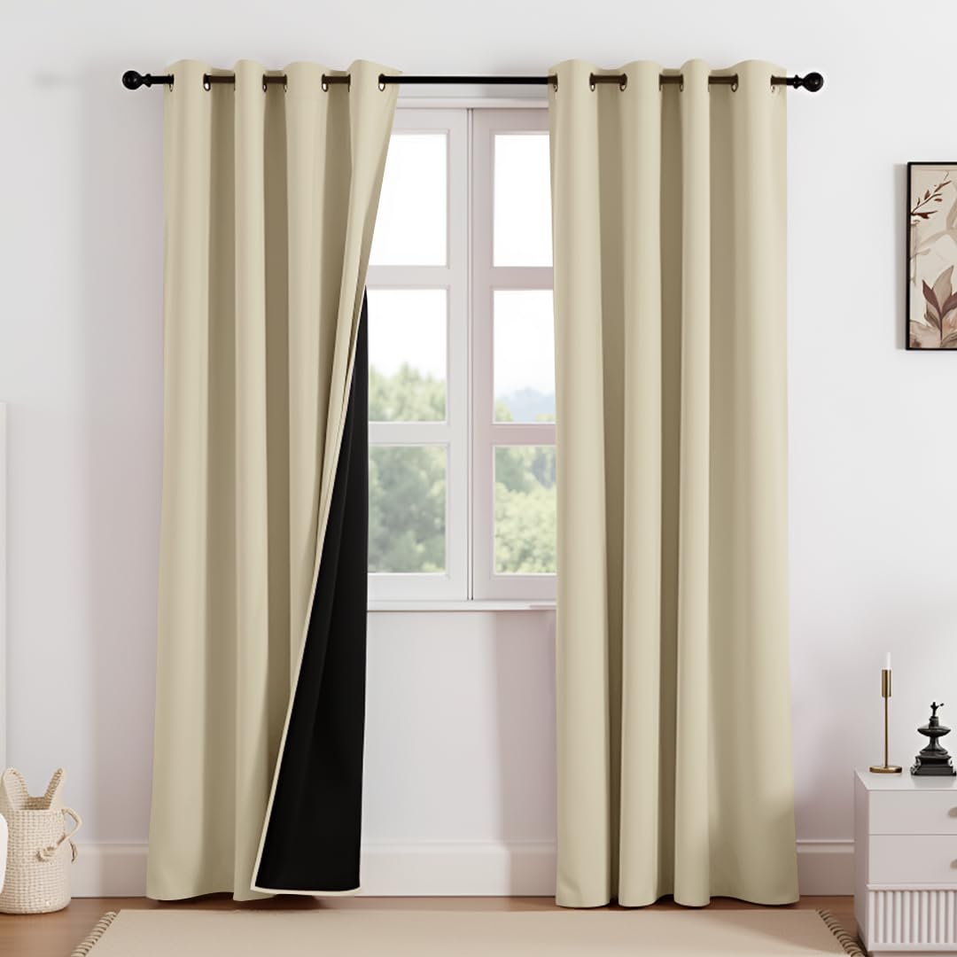 HOMEMONDE 100% True Blackout Curtain Long Door 8 Feet 1 Piece - Thermal Insulation, Fade Resistant & Black Backing Drapes - (96 Inch, Solid Beige)