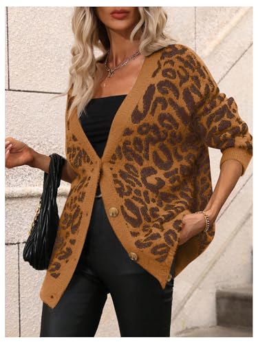 Image of SOLY HUX Women's Leopard Print Cardigan Sweaters Button Down V Neck Long Sleeve Fuzzy Cardigans