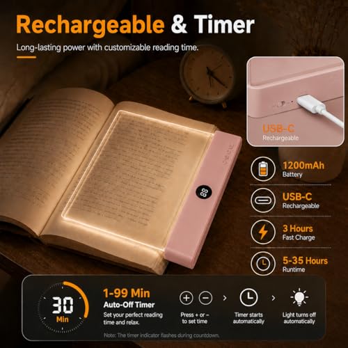 Image of 2 in 1 Smart LED Book Light & Night Light, with 3 Colors, Stepless Dimming | Rechargeable Clear Full Page Reading Light with Timer, Eye-Friendly Gifts for Readers, Students, Seniors & Book Lovers, Pink