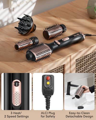Terviiix FA318-BLACK 4-In-1 Hot Air Rotating Blow Dryer Brush Kit – 1000W With Rotatable Round Brushes (2 Sizes), Oval Volumizer, And Diffuser – Ideal For Curly Hair thumb #5