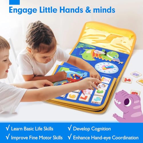 Image of PATPAT Dinosaur Toddler Busy Board Backpack, Montessori Toys for Boys Girls 1 2 3 4 Year Old, Early Educational Activity Baby Sensory Toy with Learn to Lace, Zipping, Portable Busy Board for Travel