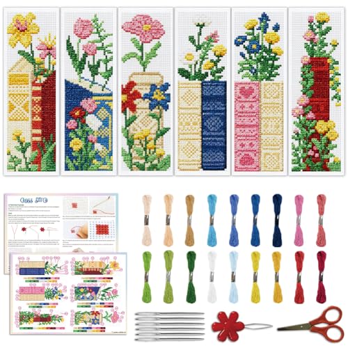 Image of ACRNIGHEET 6PCS Cross Stitch Bookmark Kit for Beginner Stamped Cross Stitch Kits for Adults Book & Flowers DIY Embroidery Bookmark Kits Needlepoint Kit with Instructions Craft Gift 8.5''x3'' 11CT
