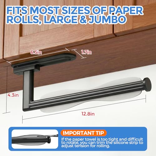Image of zaa Paper Towel Holder Under Cabinet - Self Adhesive or Drilling Paper Towel Holder Wall Mount, One Hand Tear Black Towel Holder for Kitchen Organization, Bathroom, Sink, Pantry, Fridge, RV