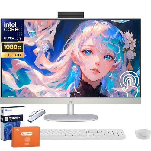 Image of HP 27 Inch Touchscreen All in One Desktop Computer, Intel Ultra 7-155U(Up to 4.8 GHz), 27 inch FHD IPS Touchscreen, 16 GB DDR5, 1 TB SSD, Adjustable Angle, Wi-Fi 6, Ethernet, Windows 11 Pro, W /Accessories
