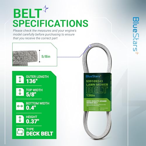 Image of BlueStars 539109243 Mower Deck Belt | Aramid Cord | 136 inch x 5 /8 inch