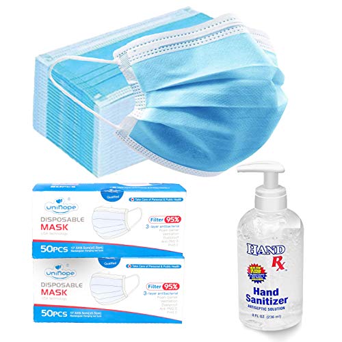 Face Mask 100 Pack, A Free Hand Sanitizer 8 Oz Included (Blue, 100 Masks)