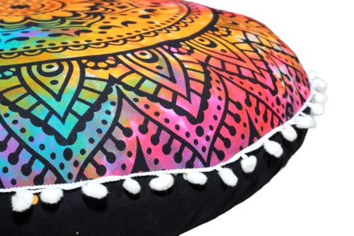 Round Mandala Floor Pillow Cover Seating Cushion Throw Cover Hippie Decorative Bohemian Ottoman Pouf Cover, Pom Pom Pillow Cases,Boho Indian 22 Inches (Multi Flower) #TOP5