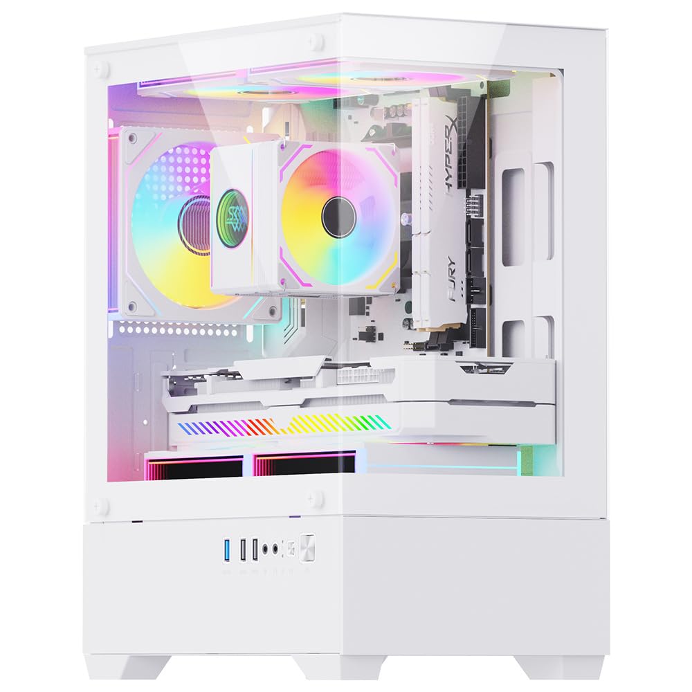 Caja para PC Gaming MATX/ITX Blanca – Panel panorámico de Cristal Templado, 5 Ventiladores RGB Incluido
