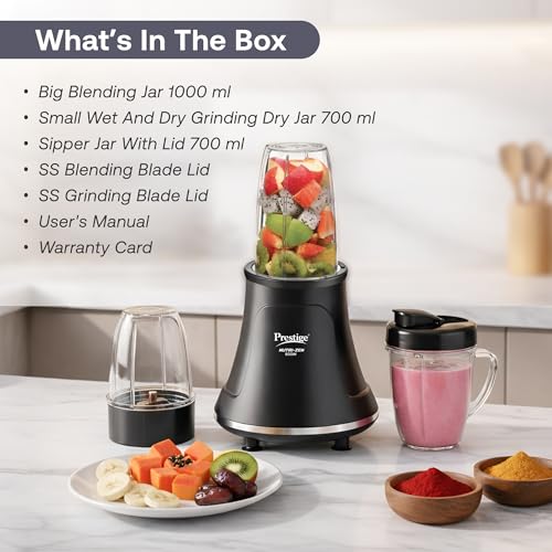 Image of Prestige Nutri-Zen Mixer Grinder with 3 Polycarbonate Jars - Big - 1000ml | Sipper with Handle - 700ml | Small - 700ml |Compact & Powerful Blender for Juices, Shakes & More