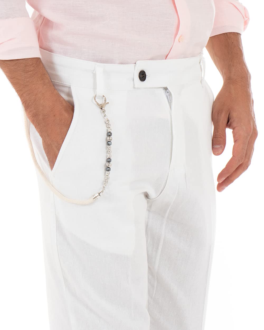 Giosal Pantalone Uomo Lino Bottone Allungato Classico Tinta Unita Elegante