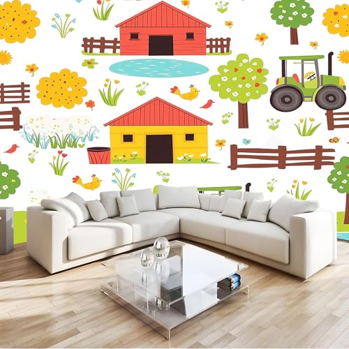 Fotomurales Papel pintado 250 x 175 cm Arte Papel tapiz Dibujos Animados De Árboles, Casas Y Césped, Moderna Decoración Tejido no Tejido Decoración De Pared Sala CuArteo, Color Mural
