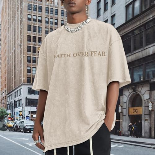 Image of Christian Faith Over Fear Shirt for Men Jesus Religious Shirts Oversized Graphic Tees Acid Wash God T-Shirt