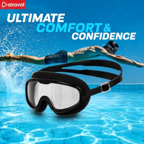 Image of AIRAVAT Macho swimming goggles for Kids Children Teens, polycarbonate goggles, Anti-Fog, Anti-UV, Wide View Swimming Goggles, Free size (Black)