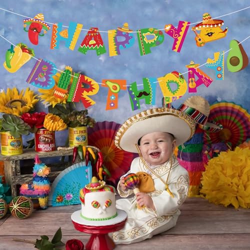Image of Hooqict Happy Birthday Banner Mexican Birthday Party Decorations Cinco De Mayo Party Banner Taco Garland Hanging Sign for Fiesta Party Decorations Carnival Supplies