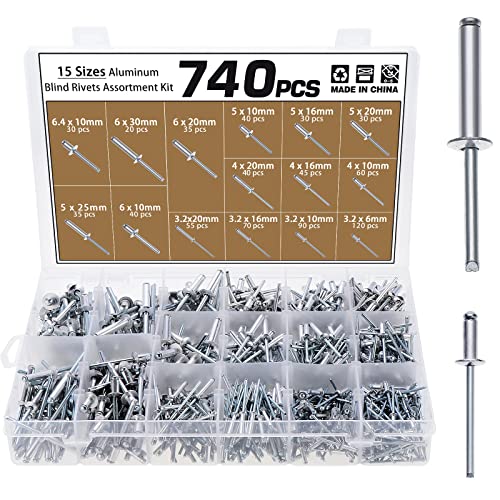 Moendergo 740 Stück Blindnieten 15 Größen 6,4 mm/6 mm/5 mm/4 mm/3,2 mm Aluminium-Blindnieten Kuppelkopf selbststeckend offenes Ende Dekorieren Verschluss Nägel Pop Nieten Kern Ziehen Nieten Cover