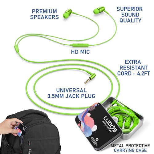 Image of LUDOS OMNITONE Wired Earbuds in-Ear Headphones, 5 Year Warranty, Earphones with Microphone, 3.5 mm Jack Corded Ear Buds, Videoconference for iPhone, Samsung, Laptop, Kids, School Students - Green