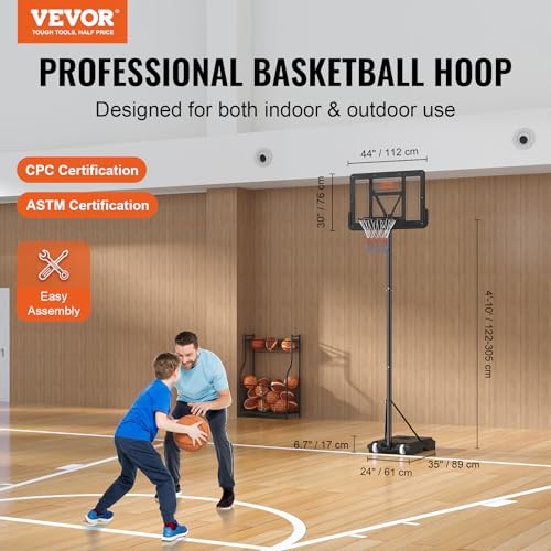 Image of VEVOR Basketball Hoop, Basketball Hoop 44 48 50 54 Inchs PC Backboard, 4.4-10FT Height Adjustable, Basketball Portable Hoop& Goal, Indoor /Outdoor Classic Basketball Court, Teen Adult School Park