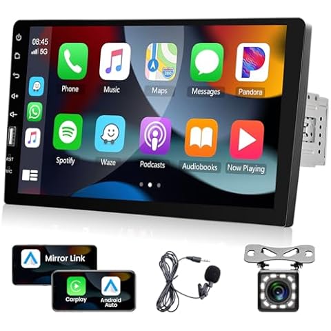 Car Stereo Single Din CarPlay Android Auto, Hodozzy 9 Inch Touchscreen Car Radio with Bluetooth FM AM Audio, iOS/Android Mirror Link TF/USB/AUX Car Multimedia Player, Backup Camera + Mic Cover