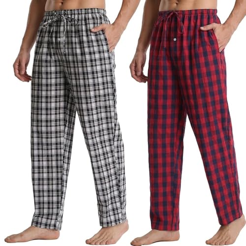 BEGIANT Bas de Pyjama Homme à Carreaux Pantalon de Nuit Tissé Léger avec Poches et Cordon Vêtement de Détente Coupe Droite,Noir et blanc et rouge à...