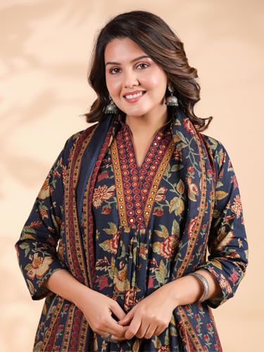 Image of Vbuyz Women Floral Print With Mirror Work Cotton Kurta Palazzo With Dupatta