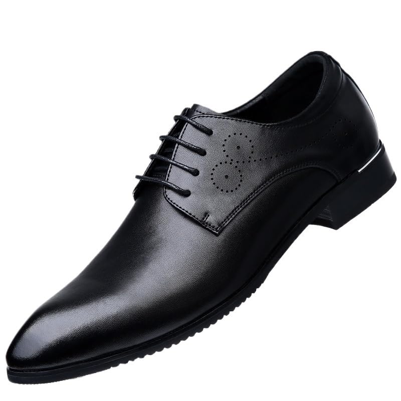Non Slip Dress Shoes for Mens Formal Oxford Shoes for Men Lace Up Pointed Toe Leather Shoes Rubber Sole Low Top Slip Resistant Anti-Slip Block Heel Wedding