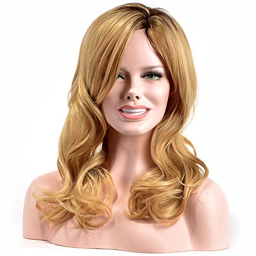 Colorwigy Women Long Curly Hair Wig Medium with Oblique Bang Full Head Wig (Mixed Light Blonde)