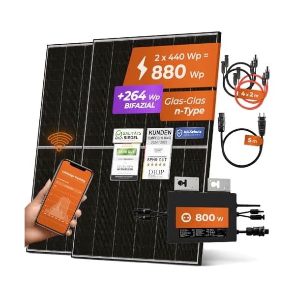 Solarway® 880W Balkonkraftwerk 800W komplett Steckdose - neuester 800 Watt Wechselrichter - Solaranlage Komplettset - 440W bifaziale Solarmodule & Envertech & Zubehör
