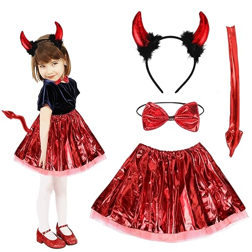 Meleager Disfraz Diablesa Niña, Disfraz Demonio Niño, 4 Piezas Roja Diablesa Halloween Niña con Falda, Diadema de Cuerno de Diablo, Pajarita, Cola de Diablo Roja