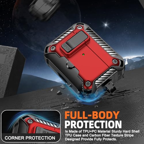 Image of for AirPods Pro 1st /2nd Case with Lock & Phone Stand(Red) | Automatic Snap Switch Lock,Carbon Fiber Texture Design Cover with Cleaner Kit
