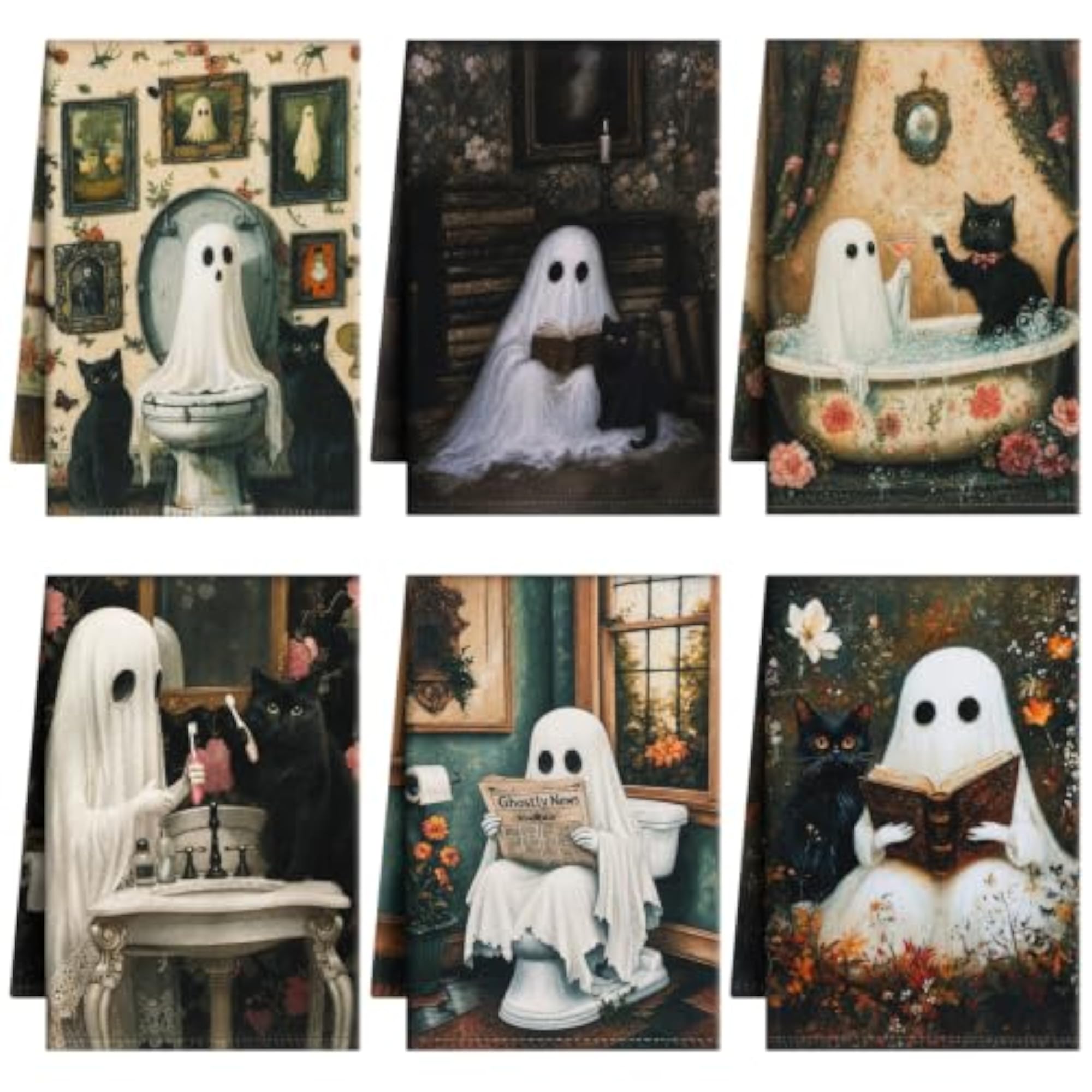 Halloween Ghost Dish Towels, Vintage Black Cat Design