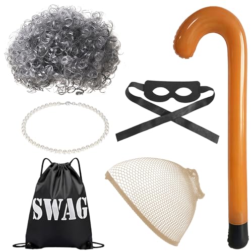 GWAWG 6Pcs Old Lady Fancy Dress Set Old Lady Fancy Dress Kit Old Lady Costume Set Grey Wig Hairnet Bag Eyemask Necklace and Inflatable Cane for Halloween World Book Day Masquerade Carnival