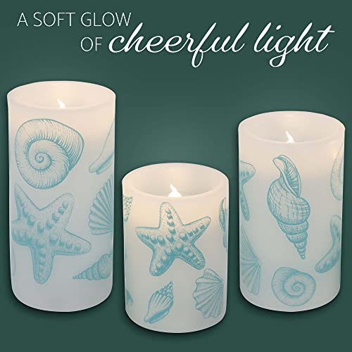 Image of Elanze Designs Seashells Nautical Blue 6 inch Wax LED Flameless Pillar Candles Set of 3