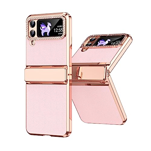 Samsung Galaxy Z Flip 4 Case with Hinge Protection, Bling Camera Protector for Women, Shockproof PU Leather Full Protective Case (Pink)