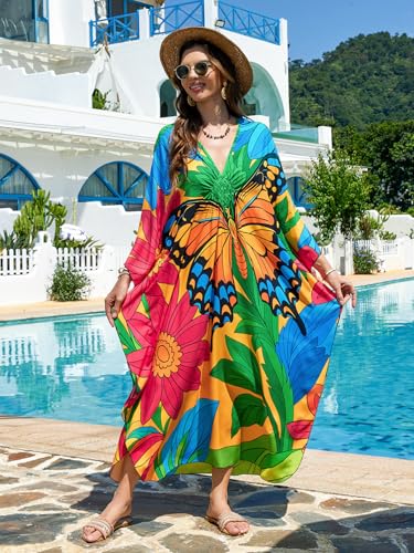 Image of IMAGEKOPE Women's Plus Size Animal Print V-Neck Batwing Kaftan Beach Dress Bathing Suit Cover-Up Loungewear