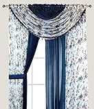 LinenTopia All in One Floral Sheer Curtain Panels Set with 4 Attached Panels 84' Inch Length and 2 Attached Valances, See Through Voile Panels, 2 Tone Multicolor, 84' Blue Rose Navy