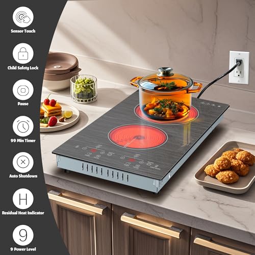 Image of Karinear 2 Burner Electric Cooktop 110V, 12 Inch Countertop & Built-in Electric Stove Top, Plug-in Ceramic Cooktop with Child Safety Lock, Timer, Pause, Smooth Glass Surface with Beautiful Pattern(A)