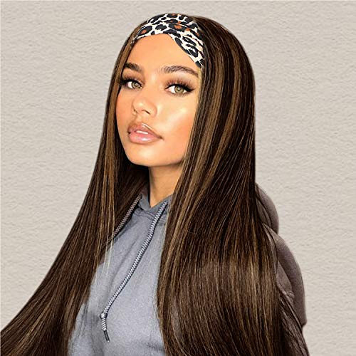 AISI BEAUTY Long Straight Headband Wigs for Black Women Black Mix Brown Synthetic Glueless Wig with Headbands Attached 20 Inches Daily Party Easy to Wear Hair