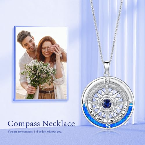 I'd Be Lost without You Compass Necklace for Women 925 Sterling Silver 12 Months Birthstone Compass Jewelry for Wife Girlfriend Blue Opal Nautical Pendant Gifts for Birthday Anniversary Christmas3