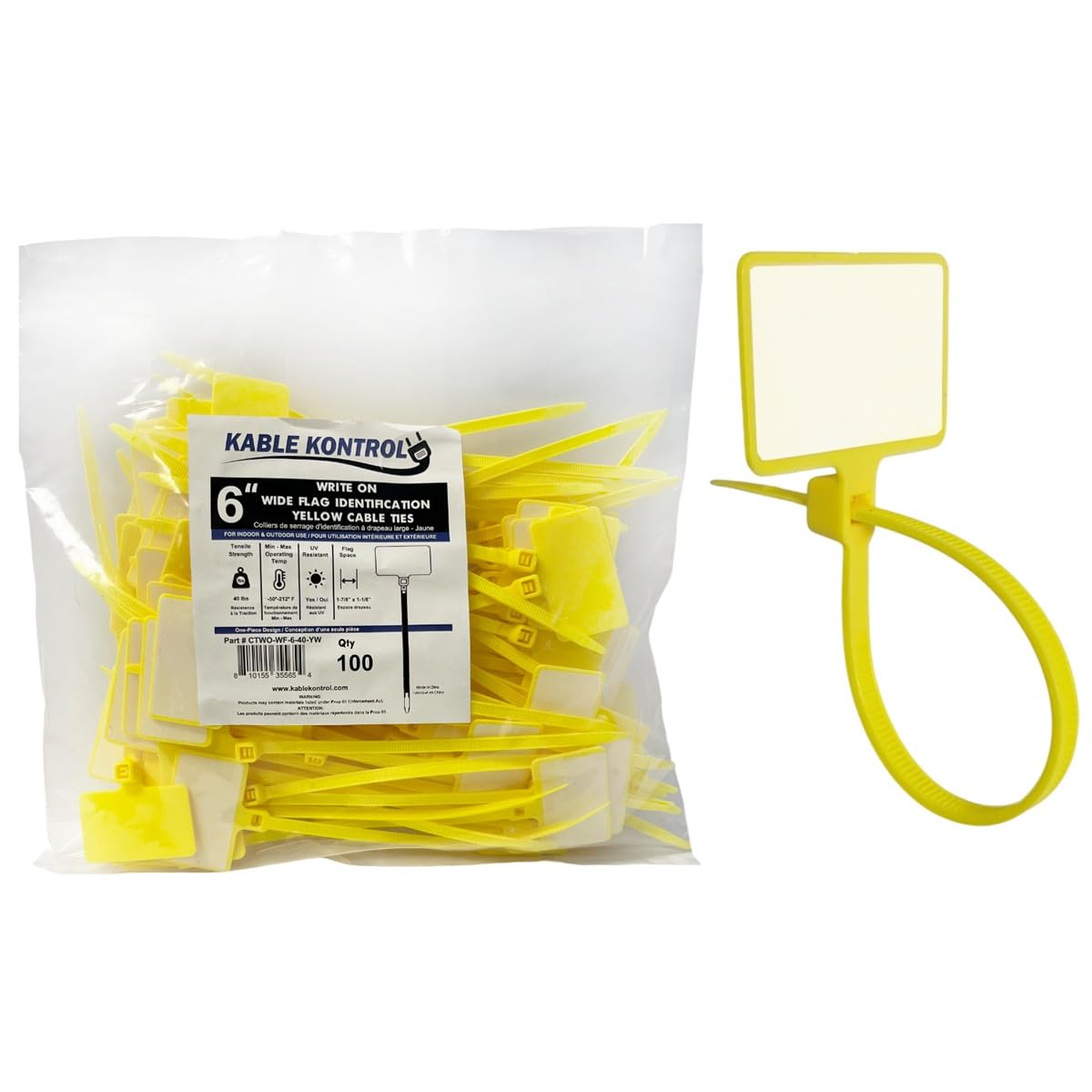 Kable Kontrol Etichette con cerniera identificativa con bandiera larga da 15,2 cm Marcatori per cavi da 1-7/8 "x 1‑1/8" bandiera scrivibile - 100 pezzi - Fascette fermacavi in nylon autobloccanti per