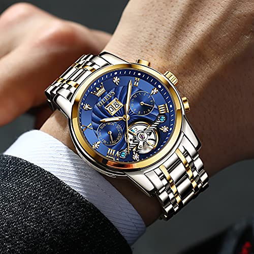 Olevs GX-G9910GB-JL Men Automatic Watch Skeleton 5 Hands Mechanical Blue Classic Luxury Multi Calendar Stainless Steel Waterproof Wrist For thumb #1