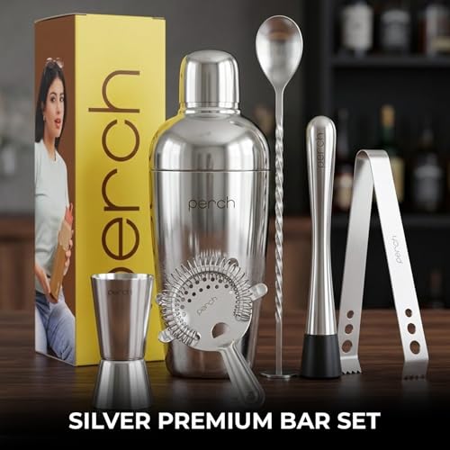 Image of O' Holic by Perch Craft 6-Piece Stainless Steel Bartender Kit|Premium Cocktail Shaker Set with Jigger 30 /60ml, Spoon,Ice Tong, & Bar Tools|Professional Bar Set for Home &Tour Parties|Silver