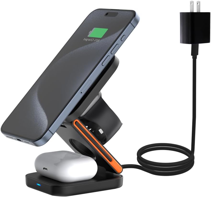 Magnetic 3 in 1 Wireless Charging Station Foldable Stand for Desk for iPhone 15 14 13 12 Pro Plus Pro Max for Apple Watch 9/8/7/6/5/4/3/2/SE, for Airpods 2/3 pro Fast Charger (Black)