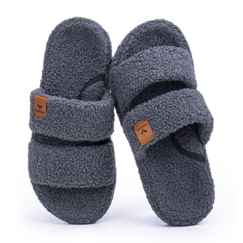 Women's Fuzzy Double Strap House Slippers – Plush Memory Foam Indoor Slides with Arch Support, Non-Slip Sole & Soft Comfort Fit