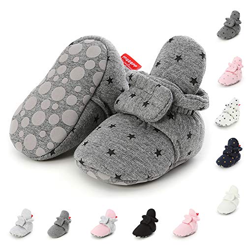 SOFMUO Baby Boys Girls Warm Fleece Booties Stay On Newborn Socks Infant Soft Sole Winter Slippers Non-Skid Cozy Cirb Shoes(Star/Dark Grey,12-18 Months)