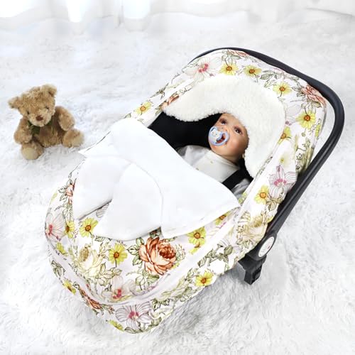 Image of Baby Car Seat Cover Winter, Super Warm Baby Carseat Cover for Girl Boy, Plush Fleece Infant Car Seat Cover, Double Sides Zipper Carseat Canopy Covers, Purple Floral, Yellow Vintage Floral