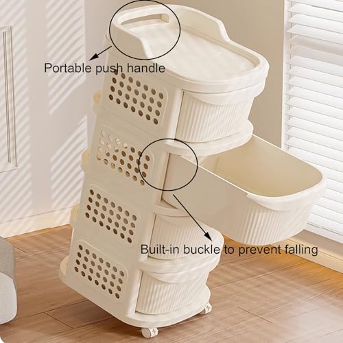 Carrello portaoggetti in plastica con cassetti e ruote, multifunzione, per bagno, camera da letto e ufficio, bianco crema (103,9 x 38,1 x 30 cm) con maniglia